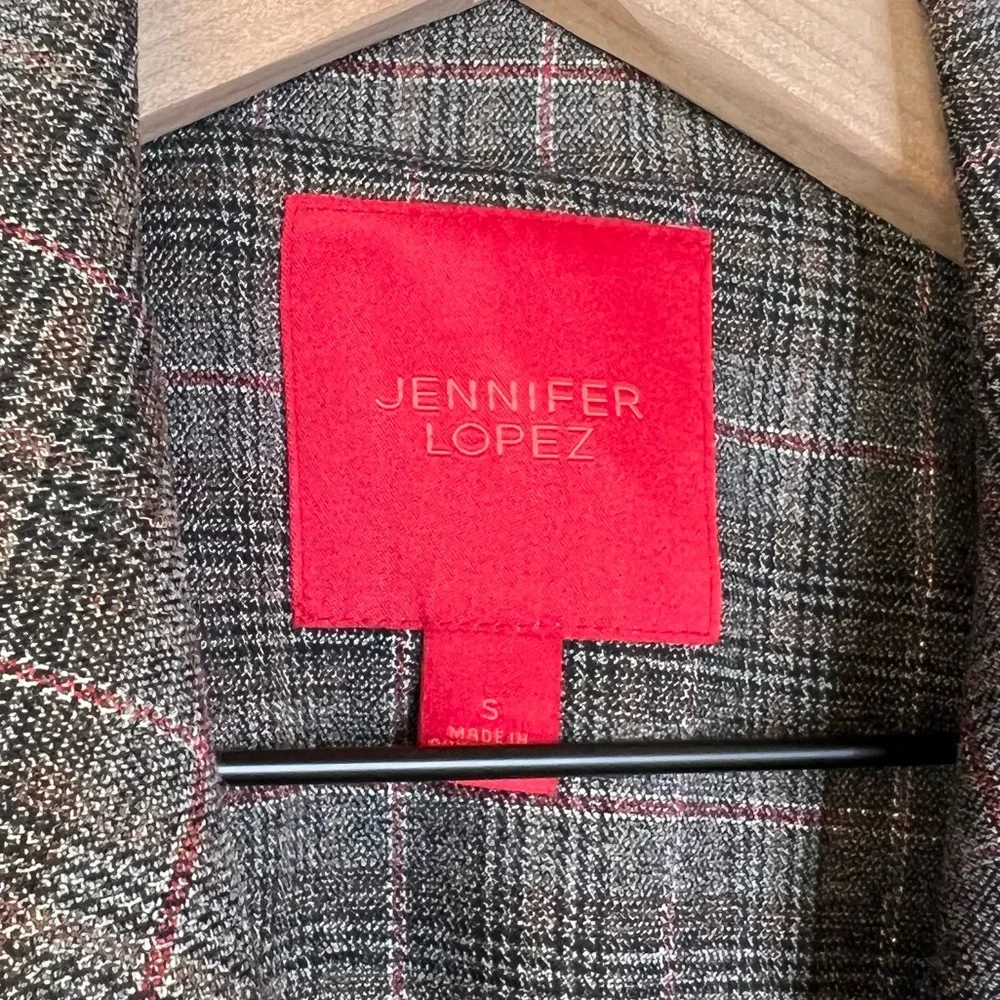 NWOT Jennifer Lopez Gray Plaid Belted Wrap Tie Waist Trench Coat Red Small - Picture 9 of 12